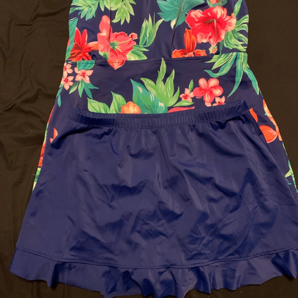 Floral print top and blue skirt bathing suit set